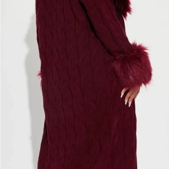 Fashion Nova Burgundy Faux Fur Trench Coat - Picture 3 of 5